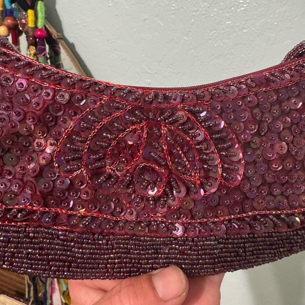 Vintage Y2K Burgandy Beaded & Sequined Hand Bag Made in India By Purva Zip Top - Picture 9 of 13